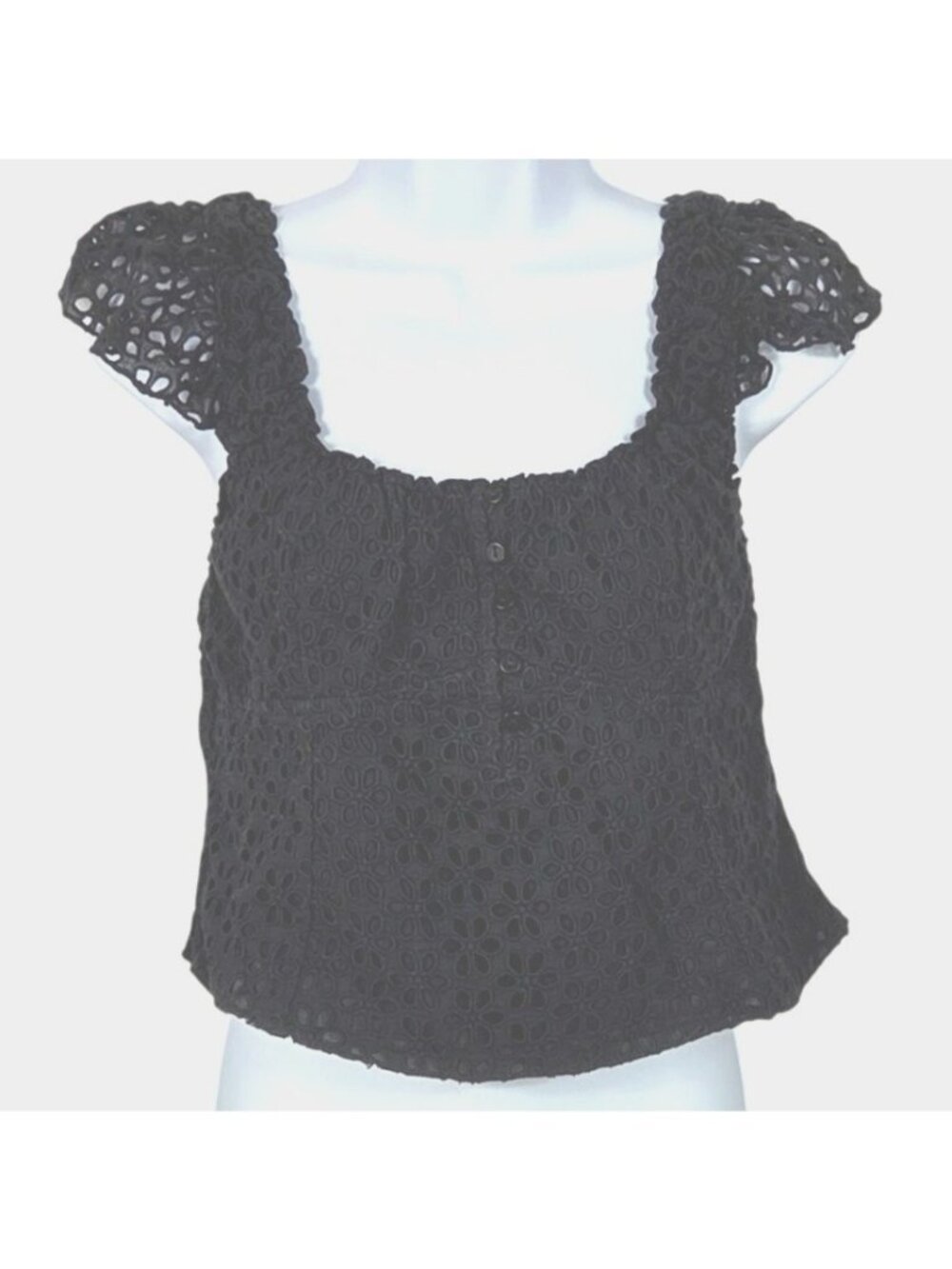 FP One Alma Tank Black Eyelet Smocked Cotton Crop Top Size L Made In India